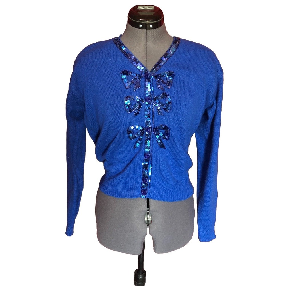 Vtg 90s Statement Sweater beaded sequin Cardigan Bows Womens Holiday PL B-38"